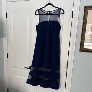 Aidan Mattox Midnight Blue Midi Dress with Mesh Accents